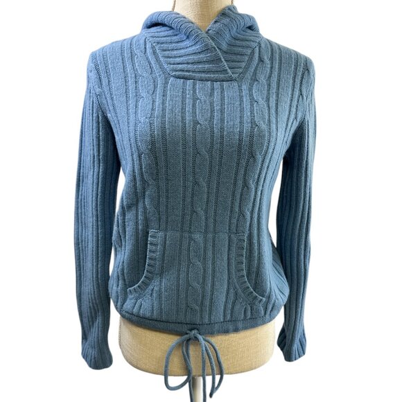 Twiggy London Lambswool Blue Sweater Hoodie Cable Knit Tie Waist Pocket Sz S - Picture 1 of 10